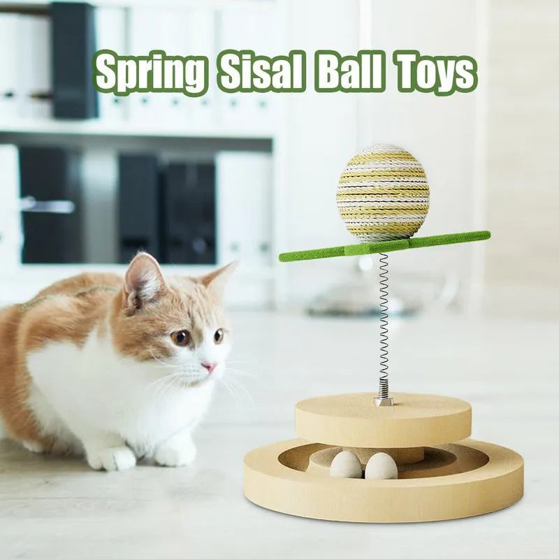 Green sisal scratching pad cat toy with multi-layer circular ball tracks containing rotating balls