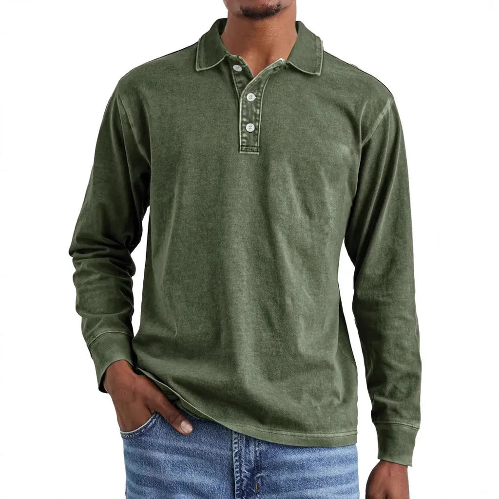 Men's distressed cotton lapel polo shirt in retro washed army green with long sleeves