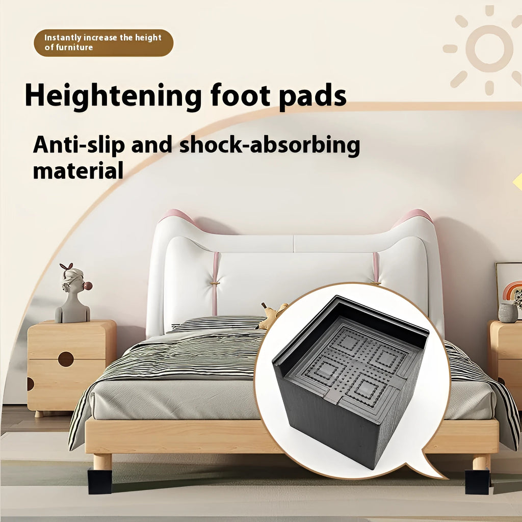 Four black circular plastic foot mats for furniture height increasing.