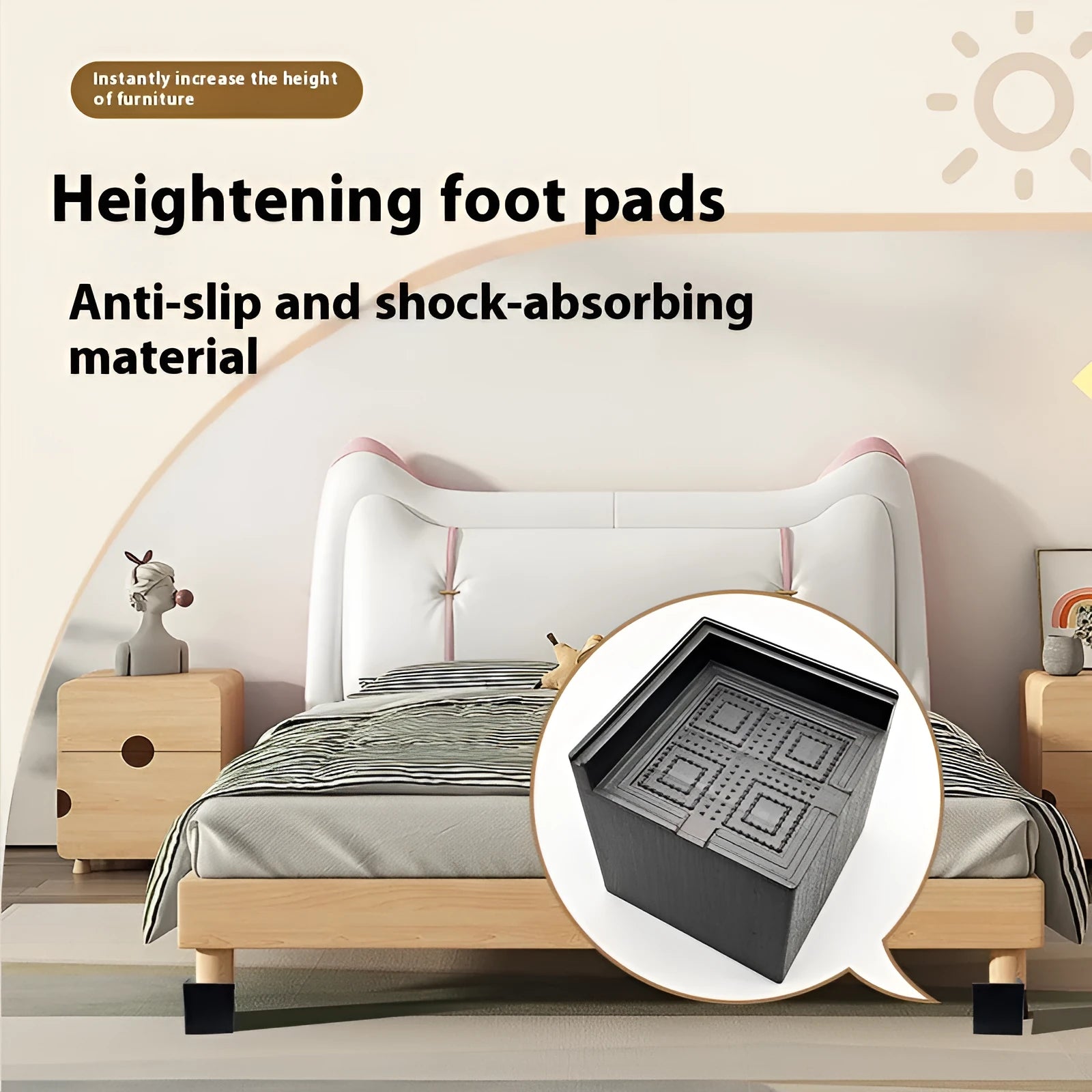 Four black circular plastic foot mats for furniture height increasing.