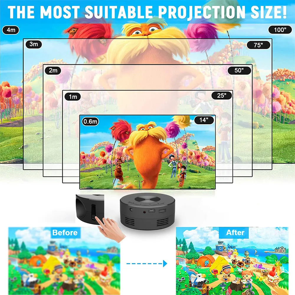 Black portable mini projector for children with mobile phone connectivity measuring 110mm x 110mm
