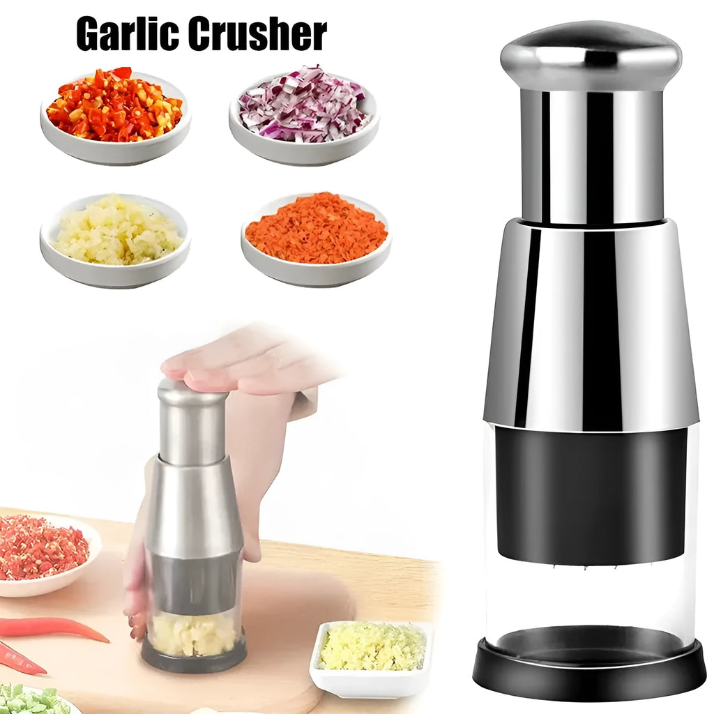 Black manual garlic press and vegetable chopper with stainless steel blades measuring 6x16cm