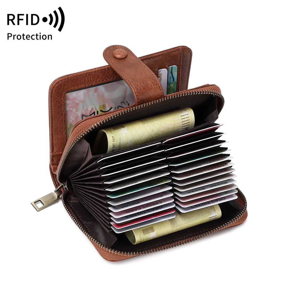 Leopard print retro wallet with zipper closure and contrast stitching, made from PU leather.