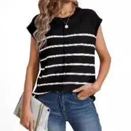 Women's striped sleeveless pullover vest in acrylic fabric on a hanger