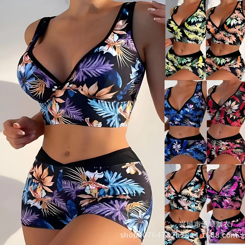 Women's two-piece swimsuit with printed boxer briefs and sleeveless top in multiple colours.