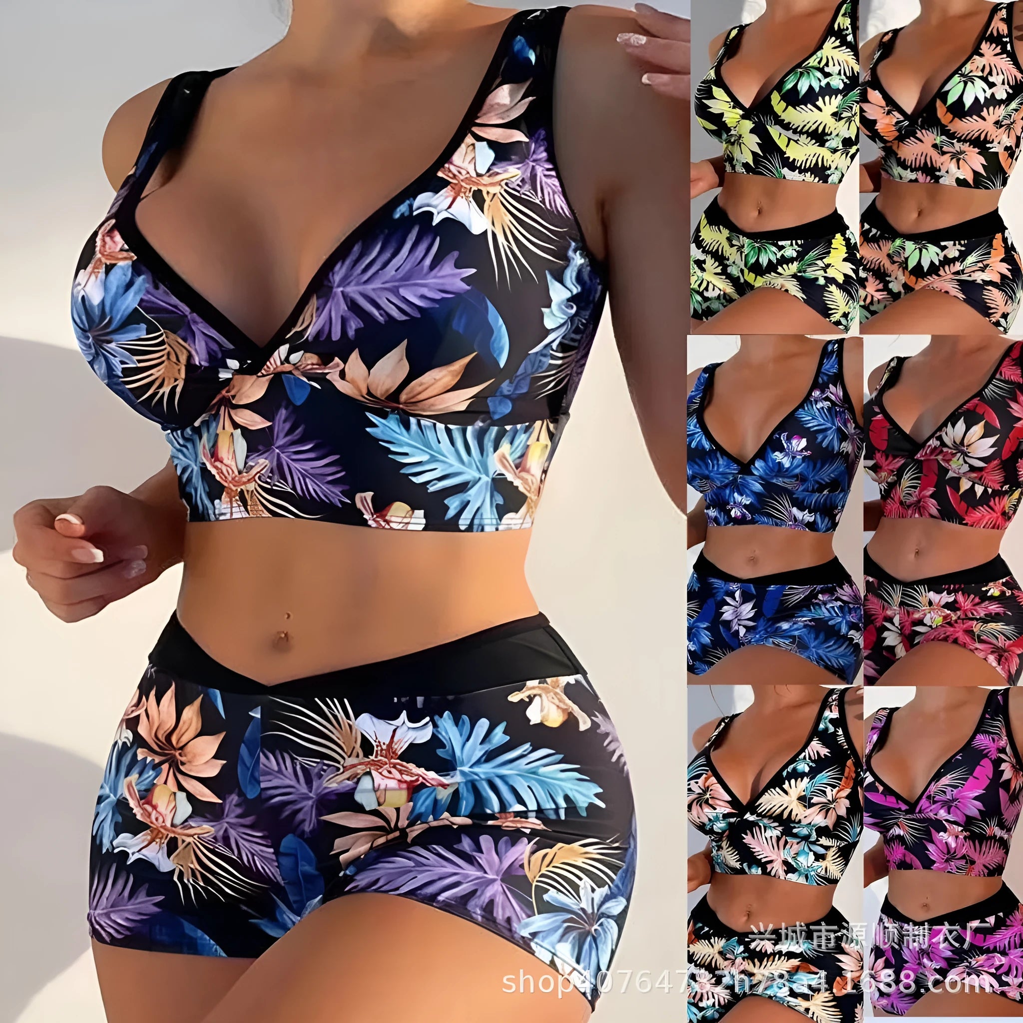 Women's two-piece swimsuit with printed boxer briefs and sleeveless top in multiple colours.