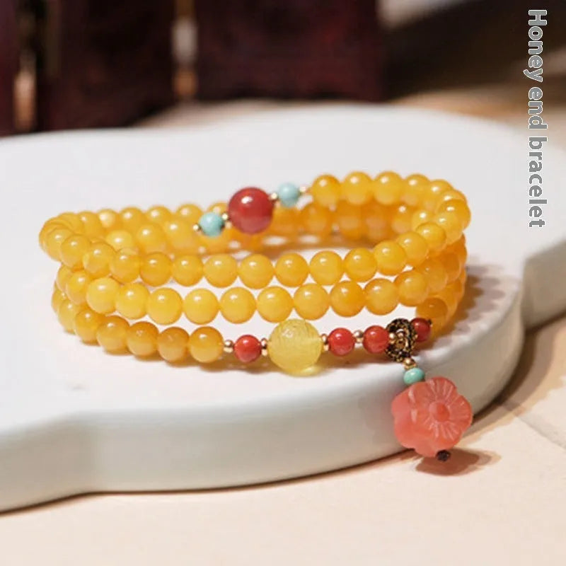 Yellow amber bracelet with 5mm beads and animal zodiac design for women's retro style travel gifts