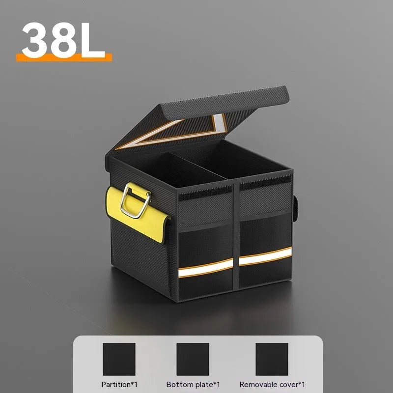 Black and yellow foldable car trunk storage bag with handle in three capacity sizes