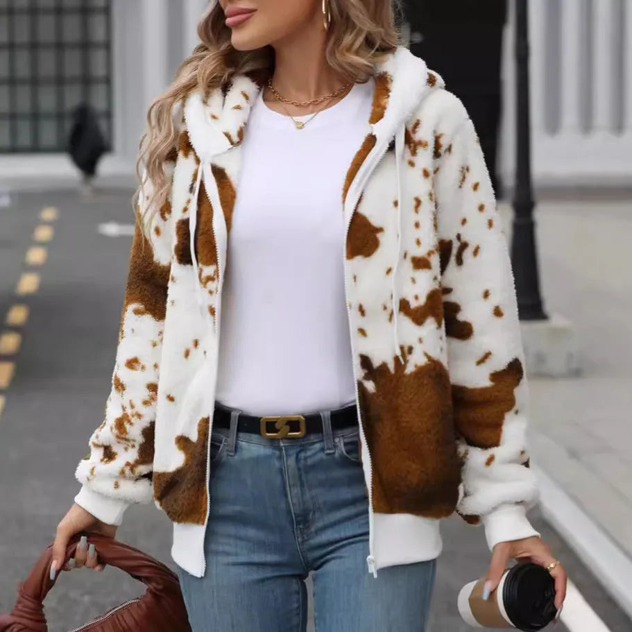 Yellow brown cow animal pattern hooded plush cardigan jacket with zip front and regular sleeves