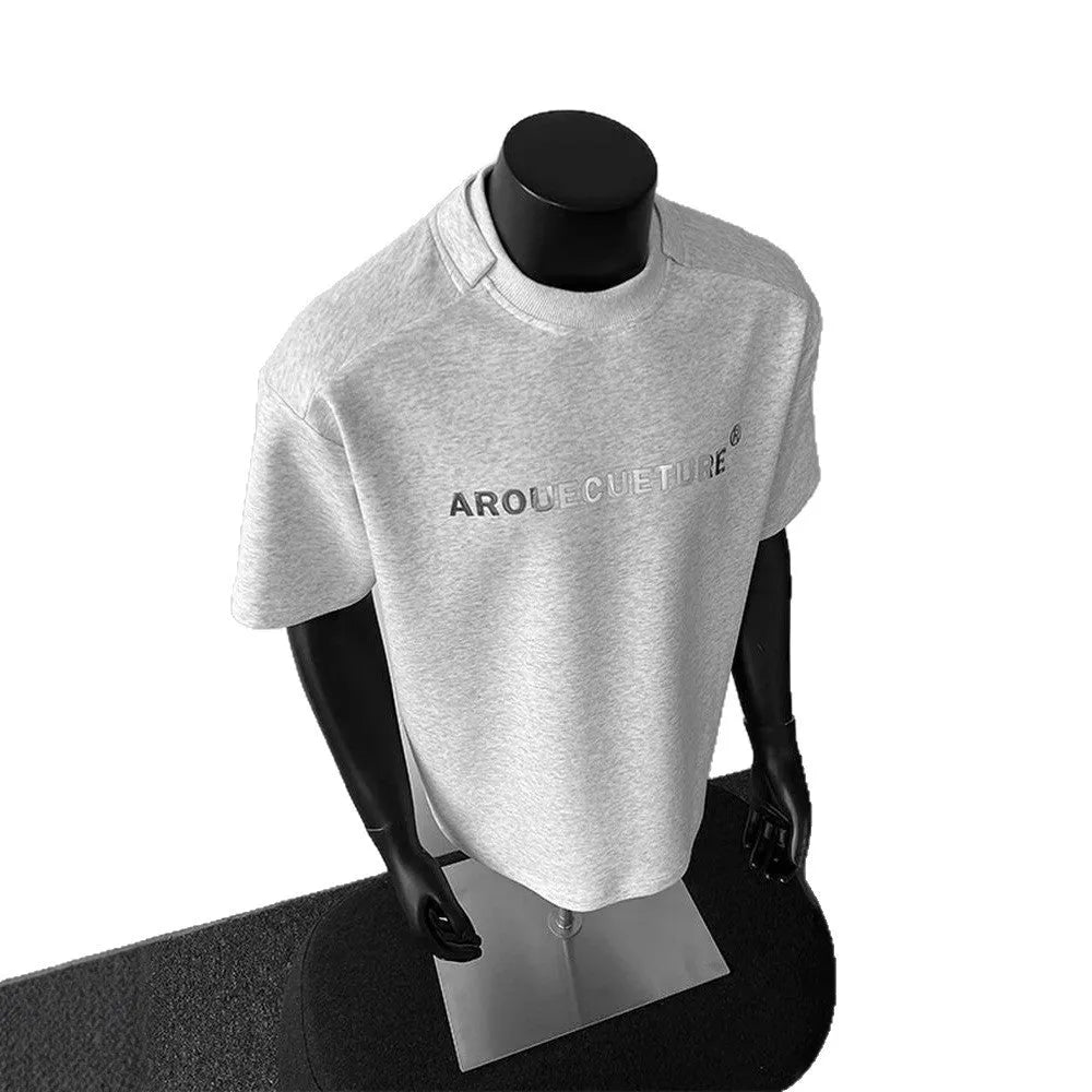 Men's black cotton short sleeve shirt with white letter print, loose fit pullover style