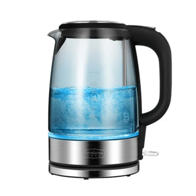 Transparent glass electric kettle with 1.7L capacity, scale window, black base and handle, and power cord on white background