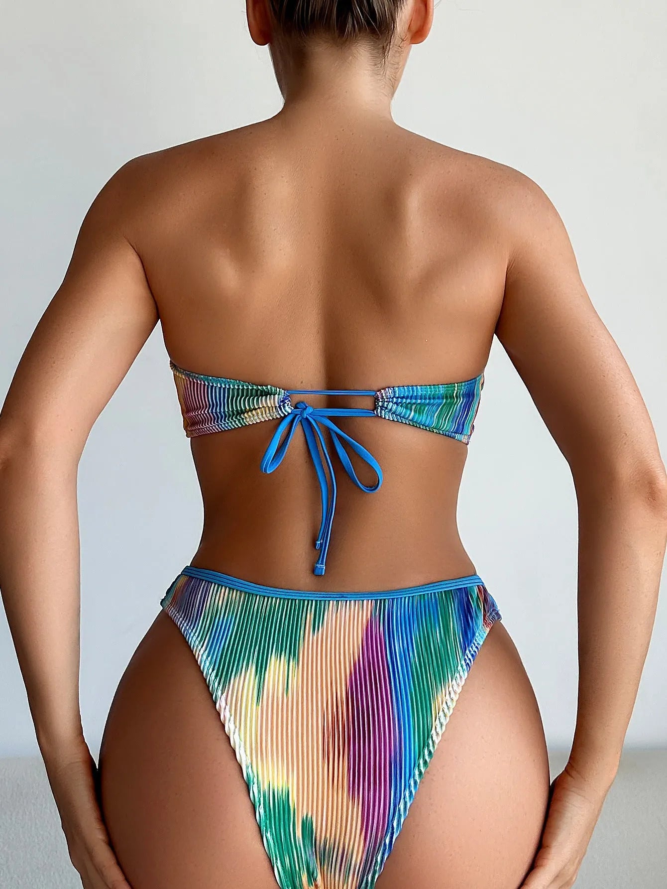 Women's colour printed tube top and briefs bikini set for swimming.
