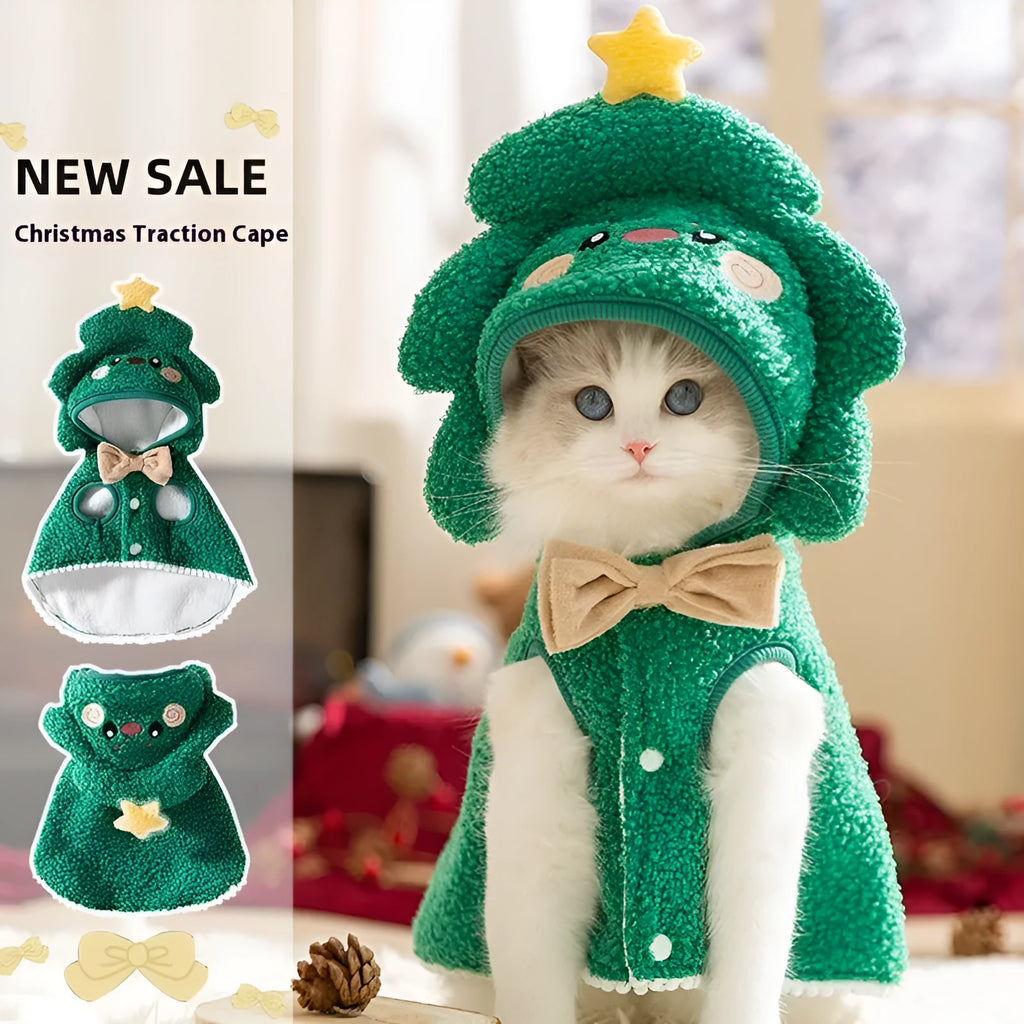Brown elk patterned hooded cloak on a cat, sized for winter warmth.