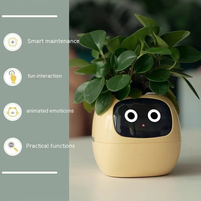 Smart planter with 7 sensors and AI chips, over 49 expressions, water level monitor, small indoor pot 114x100x96mm in pink