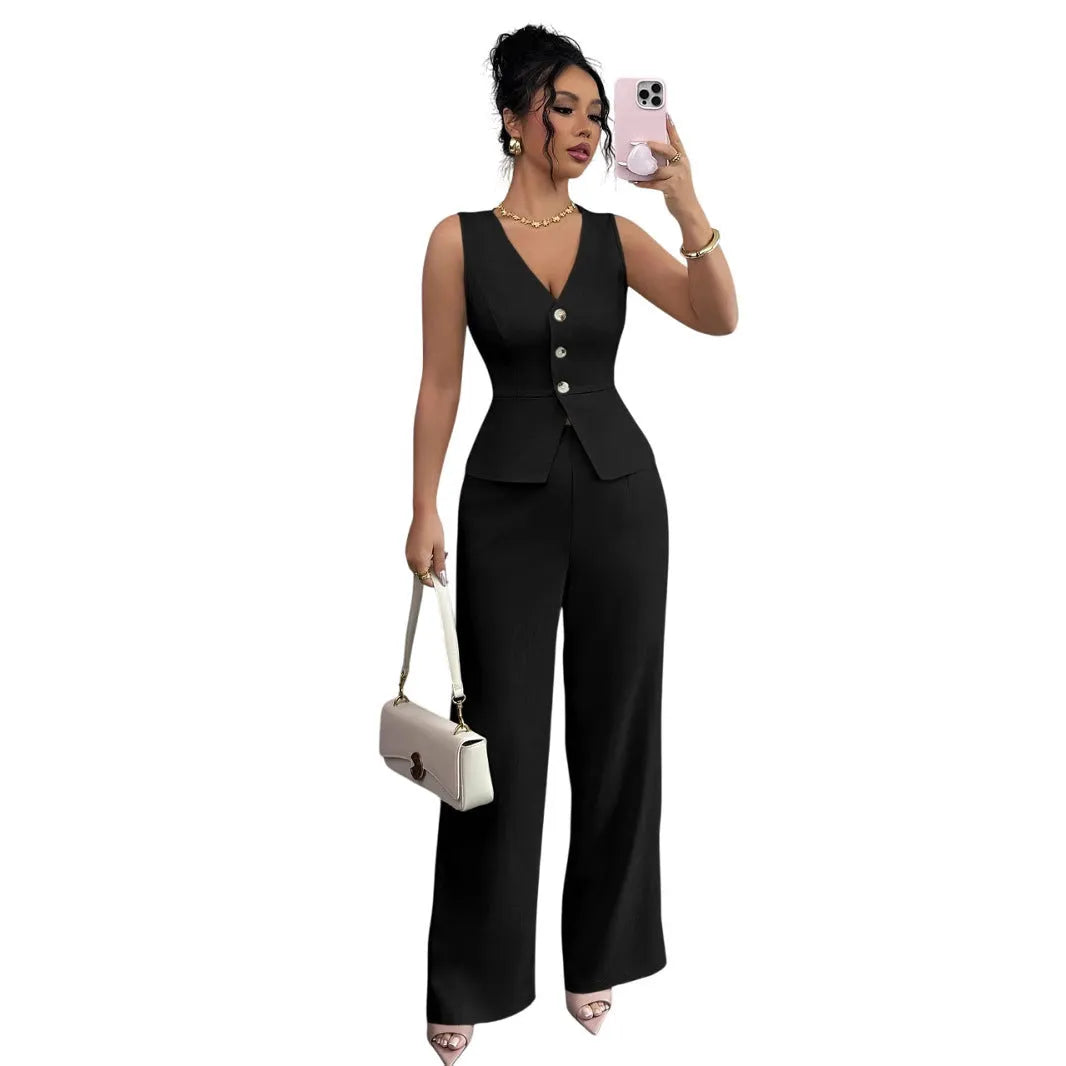 Women's black sleeveless vest and high-waist trousers two-piece casual set.