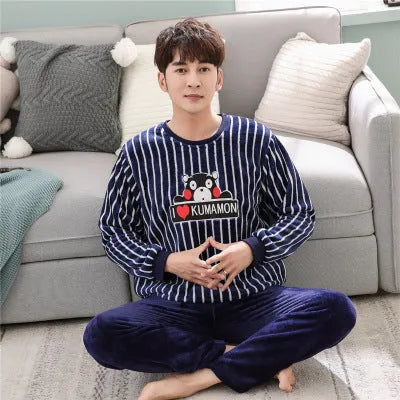 Long sleeve padded flannel pajama suit in blue, two-piece set with round neck and trousers