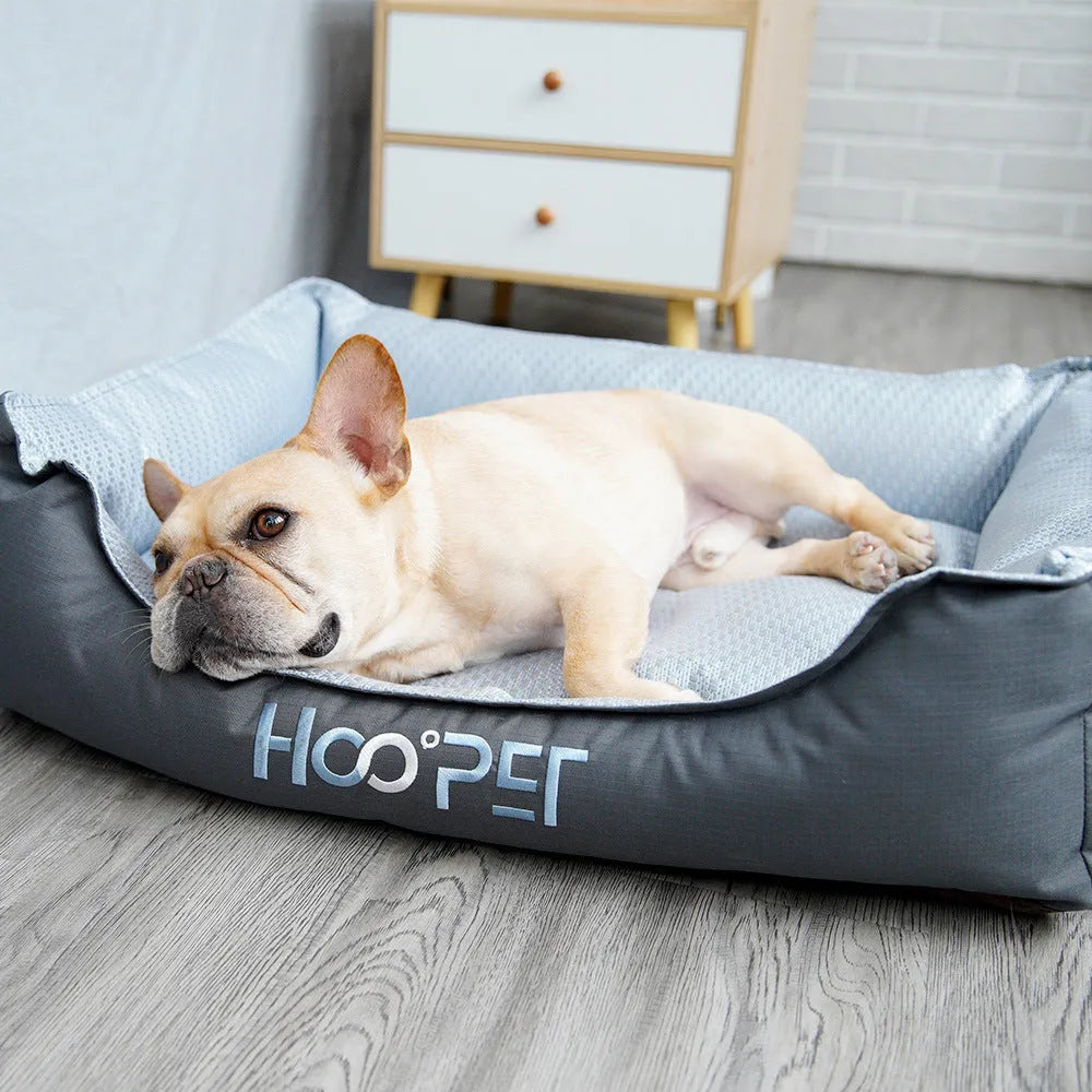 Soft dog bed with removable cover shown in three sizes for small to medium pets