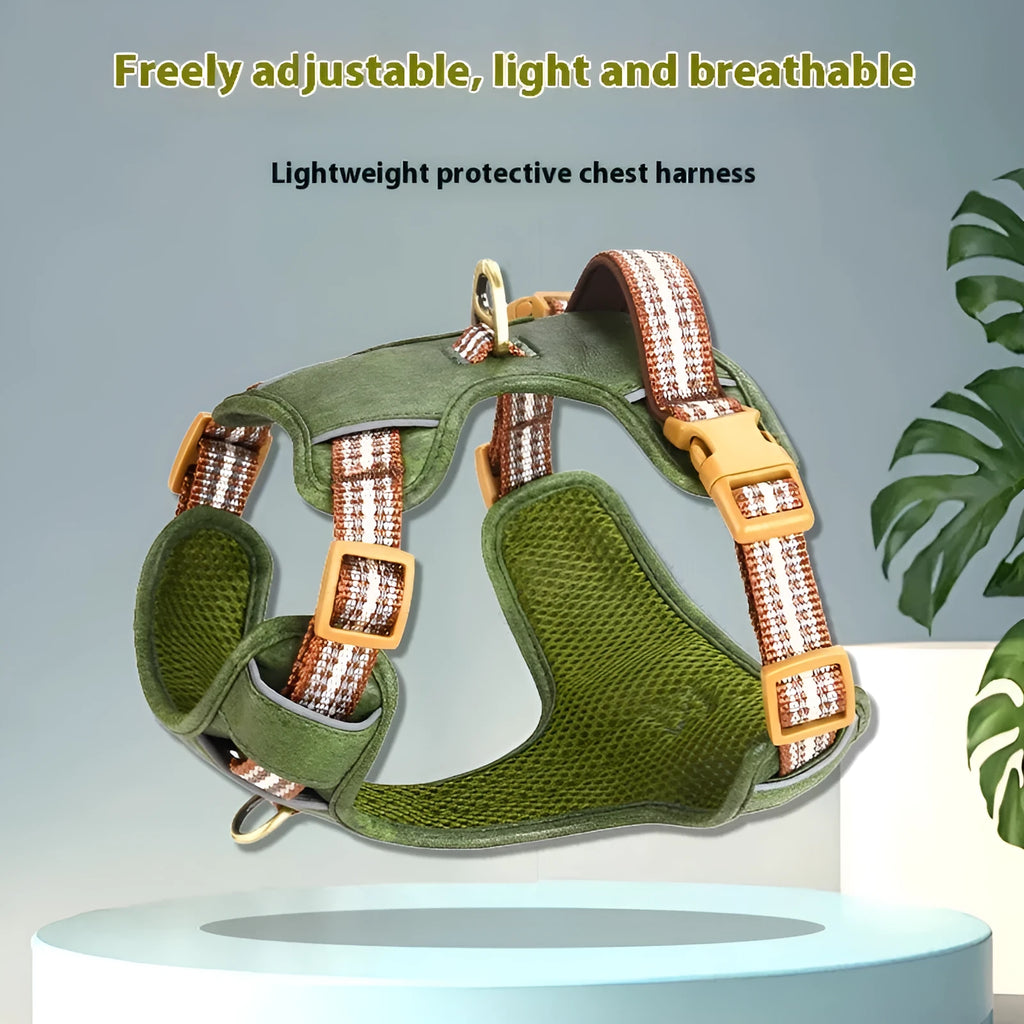 Brown explosion-proof reflective leather chest harness for a dog on a white background