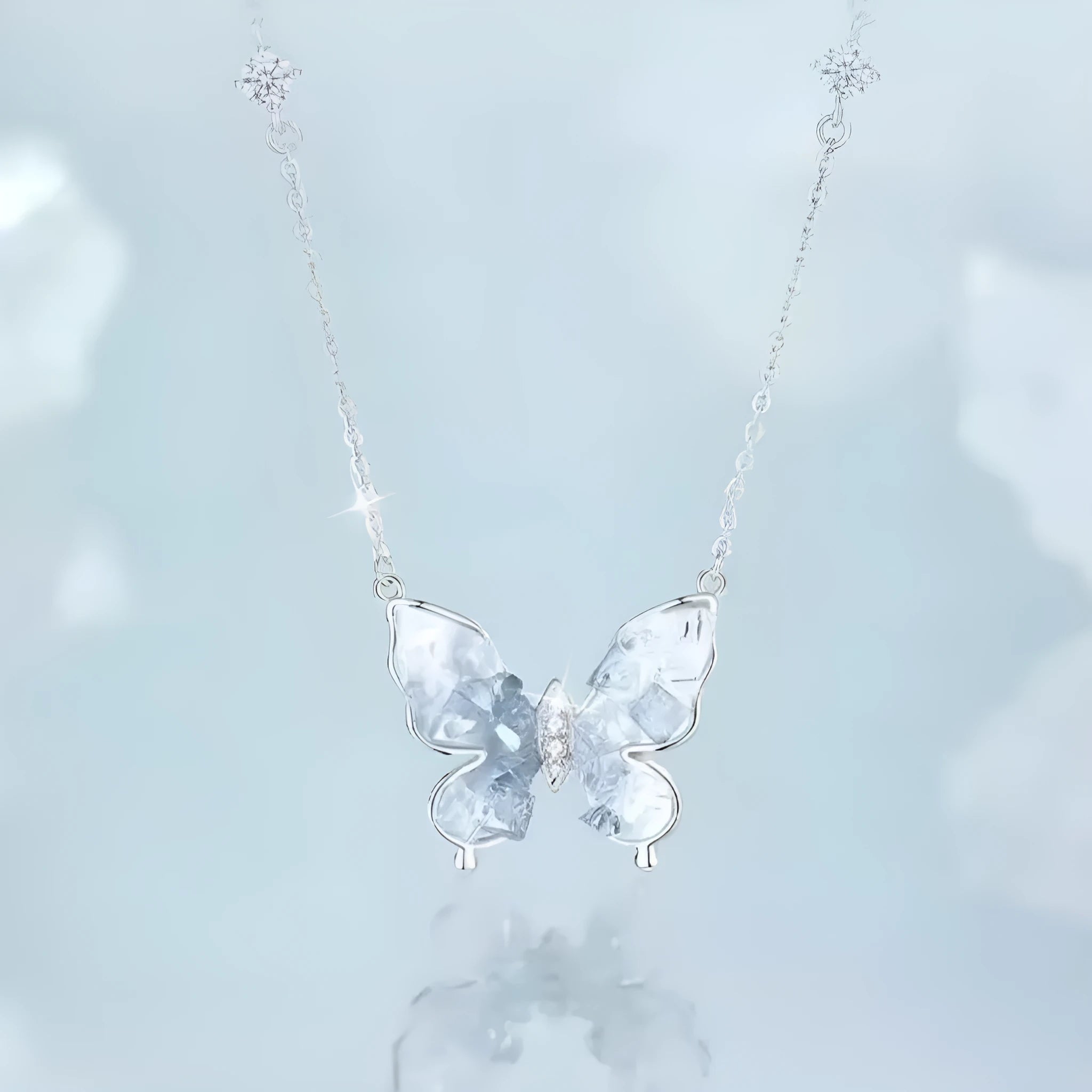 Bingyu Butterfly S925 silver necklace with O‑ring chain and adjustable 41‑50 cm length.