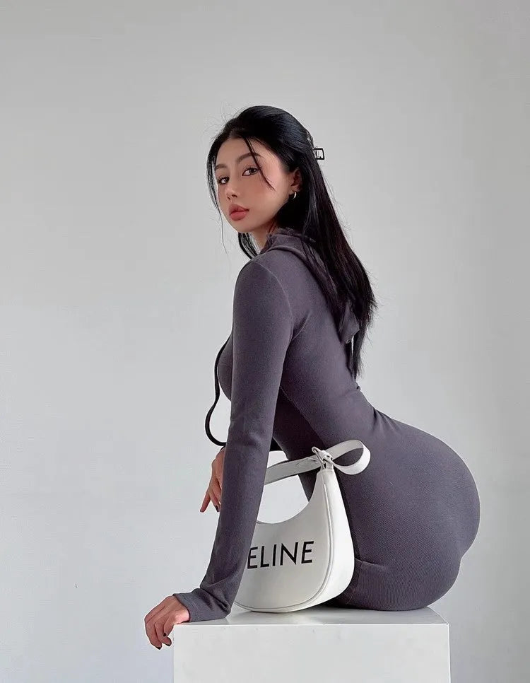 Women's grey hooded sheath dress with long sleeves and a high waist, shown in a front view.
