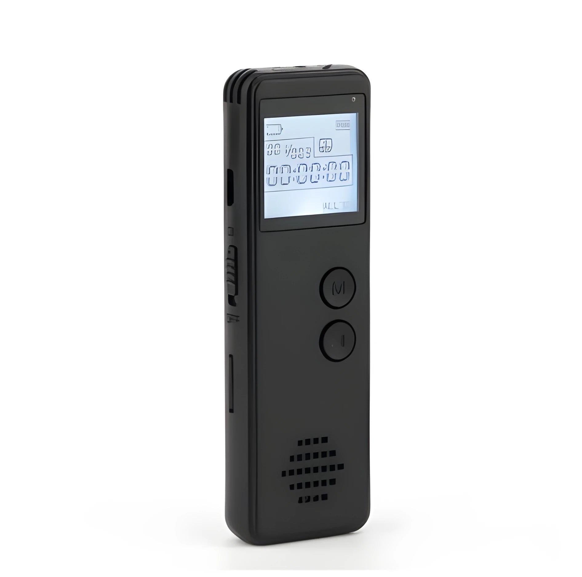 Black digital voice recorder with screen and built-in microphone for MP3 recording.