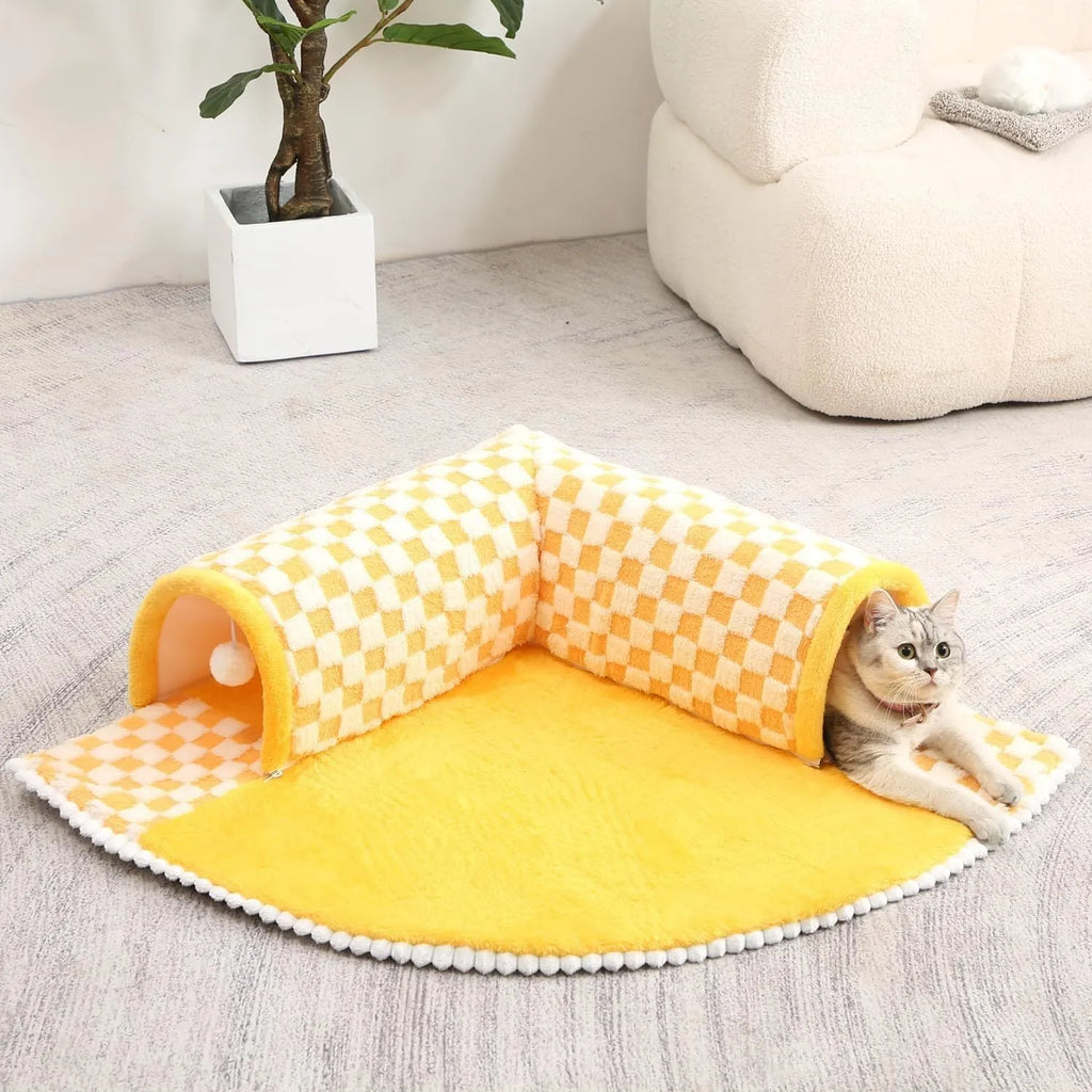 XL fan-shaped plaid tunnel pet bed for dogs and cats in coffee colour, showing plush fabric and anti-slip base.