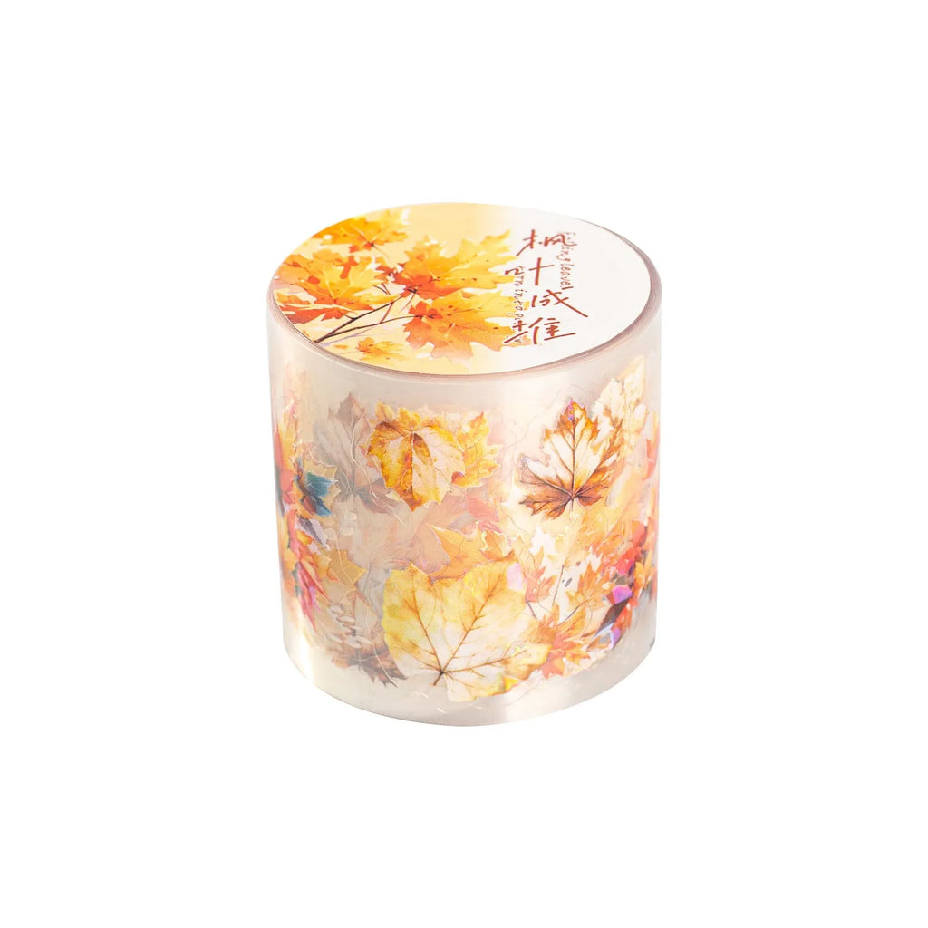 Roll of PET decorative stickers showing leaf patterns including ginkgo and maple designs, 40mm wide