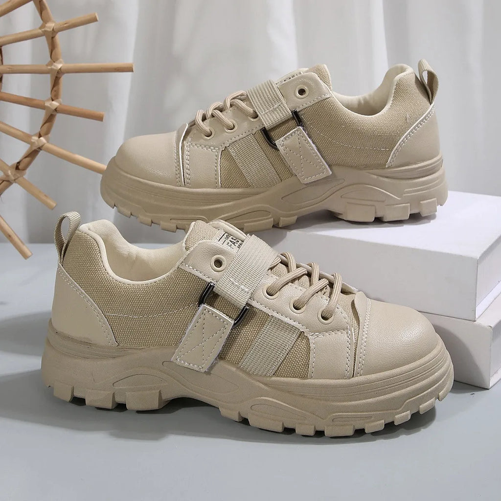 Women's lace-up canvas shoes with hook design, thick round-toe sole, artificial PU upper, available in black and cream white