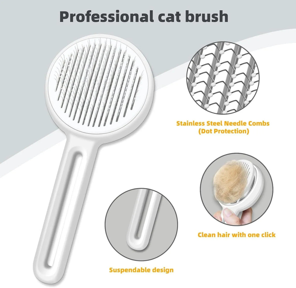 Yellow cat brush with release button and stainless steel bristles on a light background