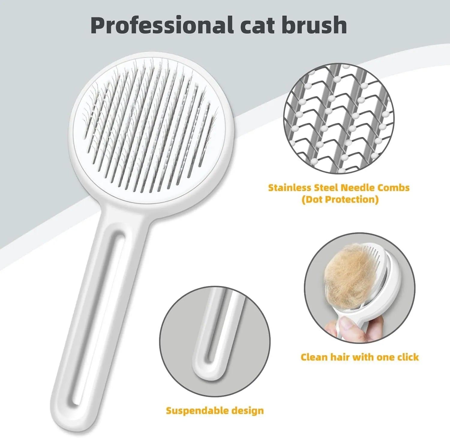 Yellow cat brush with release button and stainless steel bristles on a light background