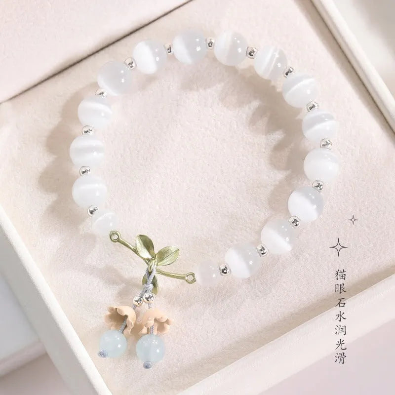 Opal cat's eye stone beaded bracelet for women with diamond-shaped beads and electroplated finish