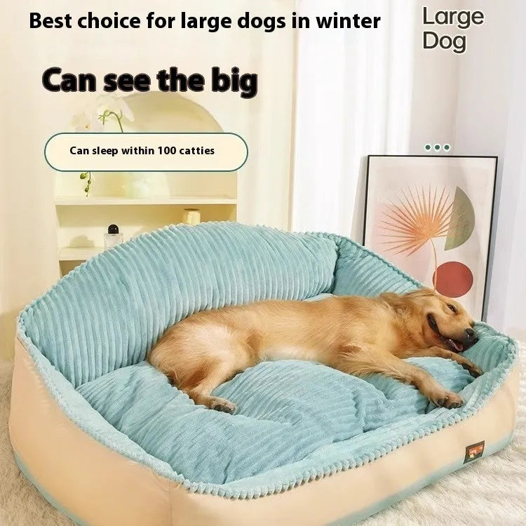 Morandi coloured removable washable pet bed mat with lazy sofa design for dogs and cats, shown in two size options.