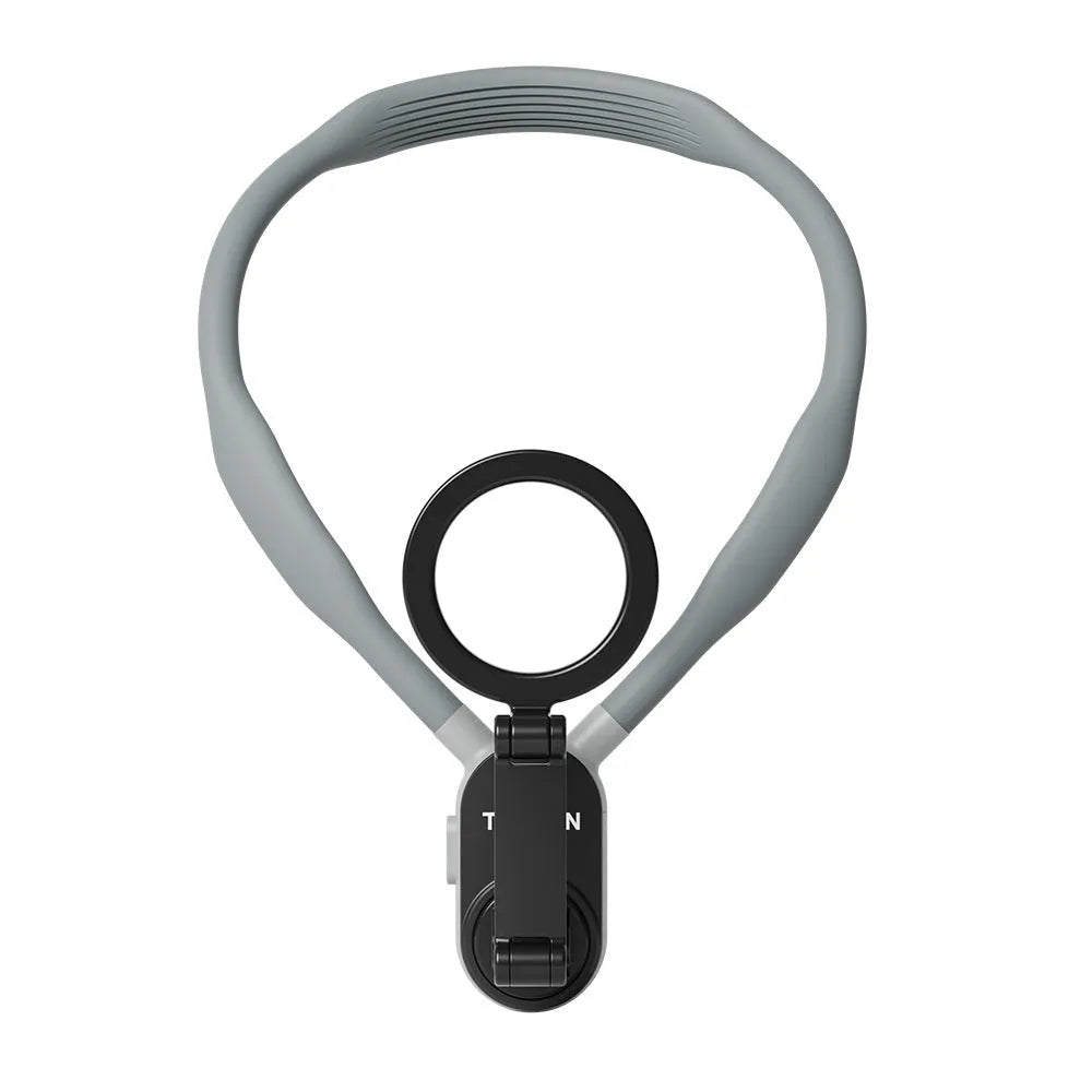Gray silicone magnetic phone neck mount showing mobile phone attached with safety rope and aluminium strip construction