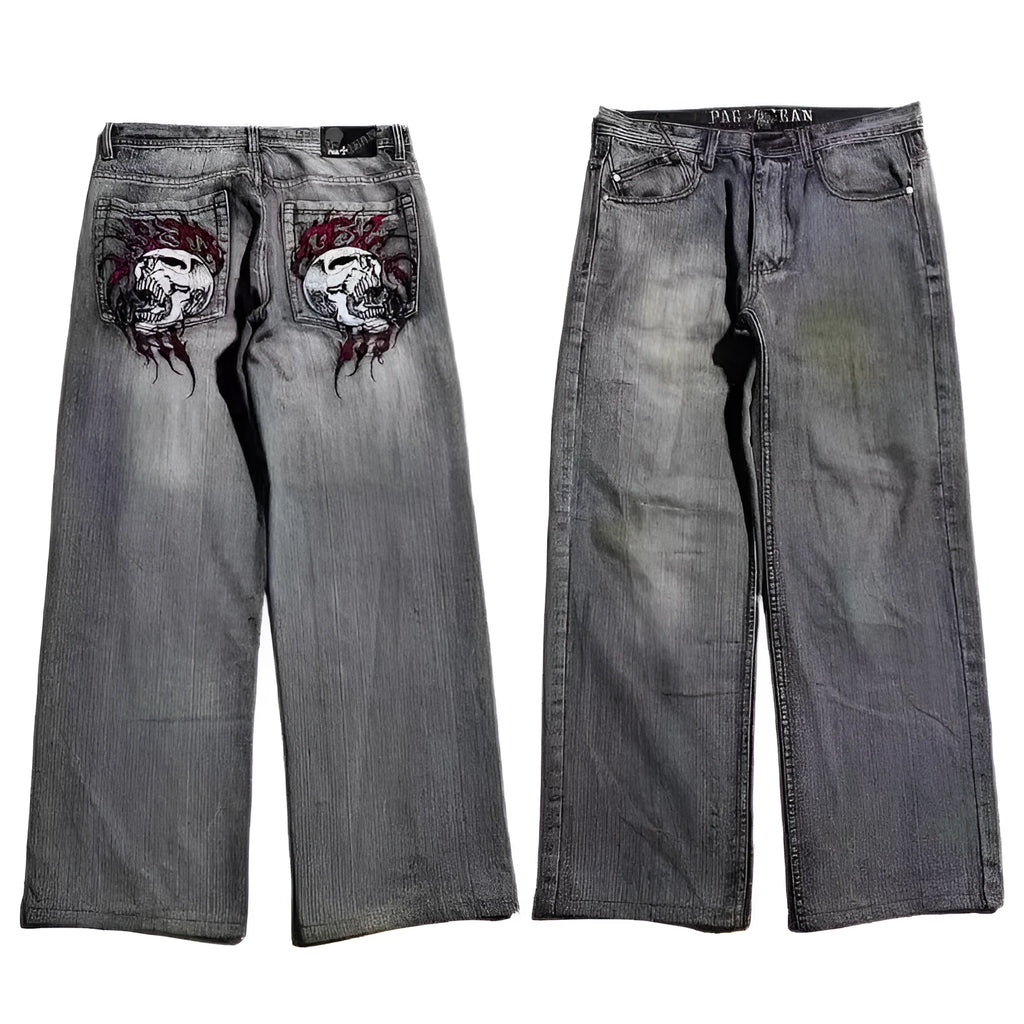 Men's grey washed-out straight-leg jeans with wide-leg workwear design