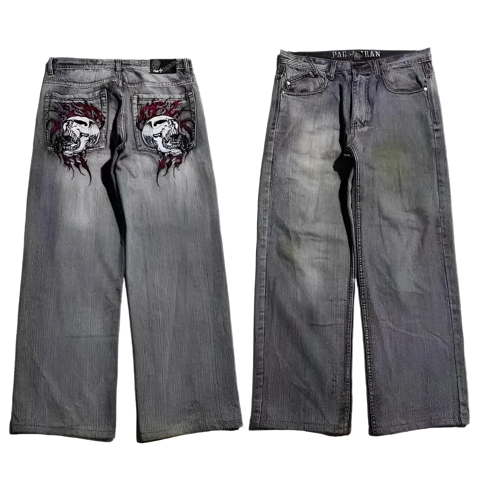 Men's grey washed-out straight-leg jeans with wide-leg workwear design