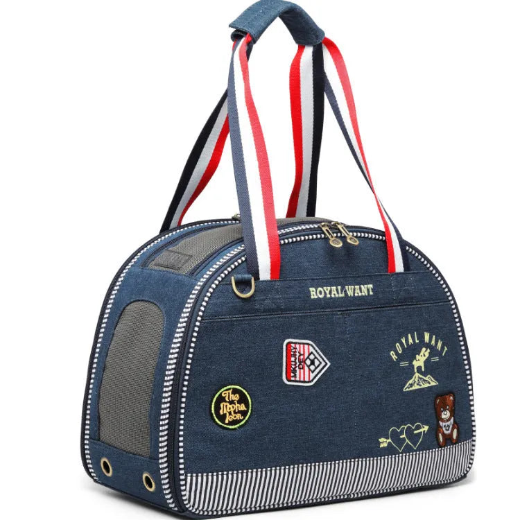 Blue denim pet diaper bag with cartoon pattern measuring 43x20x30cm