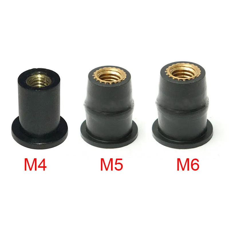 Set of 10 black rubber and brass well nut fasteners for motorcycle modification in M4 M5 M6 sizes.