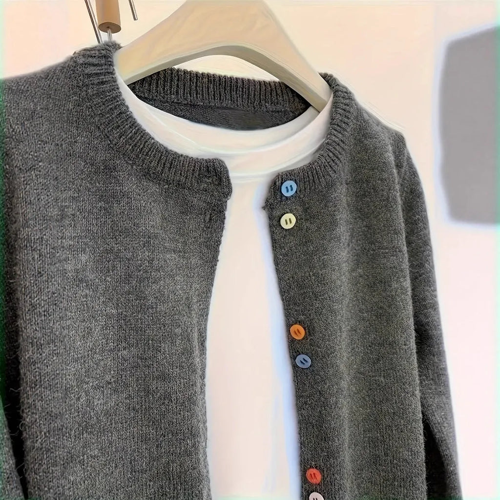 Dark grey women's button-front cardigan sweater with regular sleeves