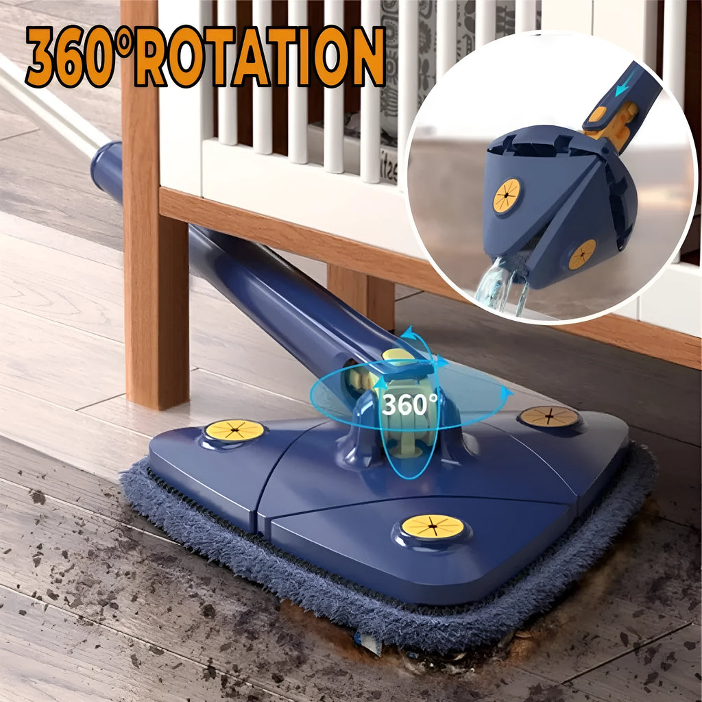 Blue triangle mop with rotating head and extendable stainless steel pole for corner and wall cleaning