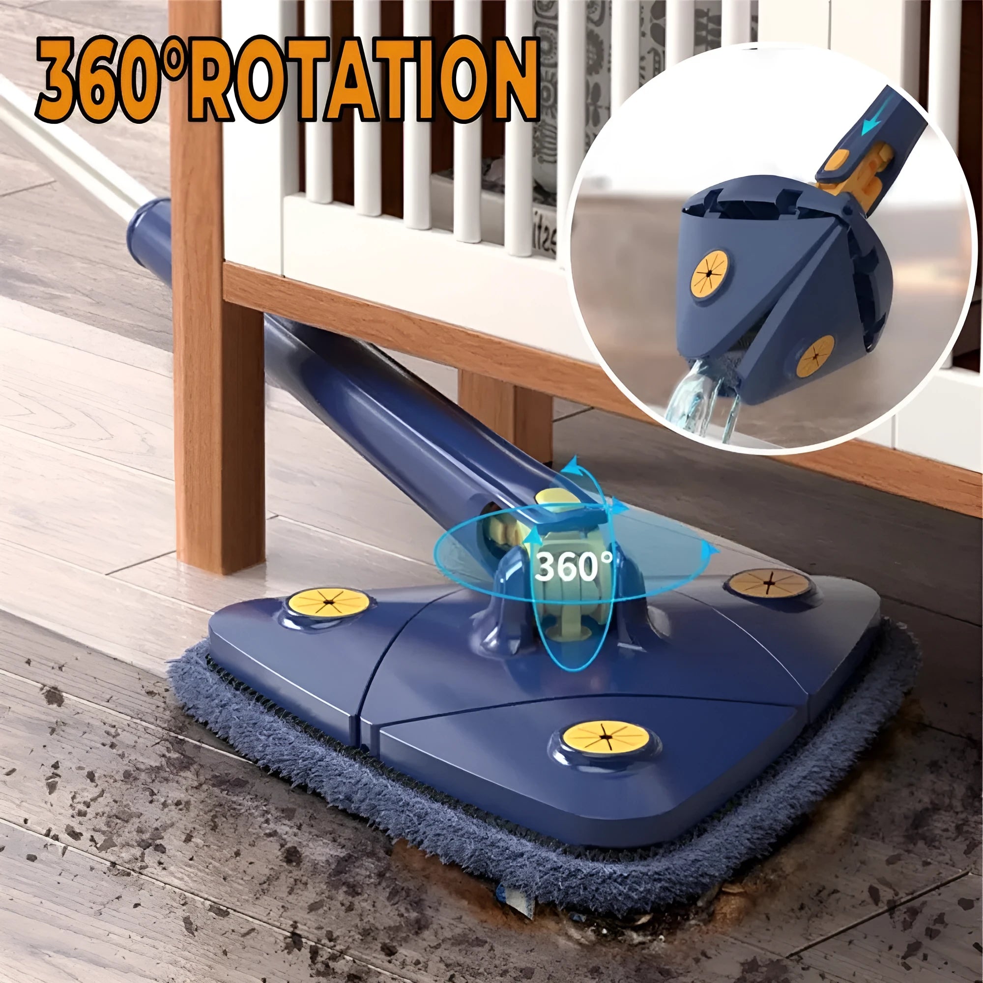 Blue triangle mop with rotating head and extendable stainless steel pole for corner and wall cleaning