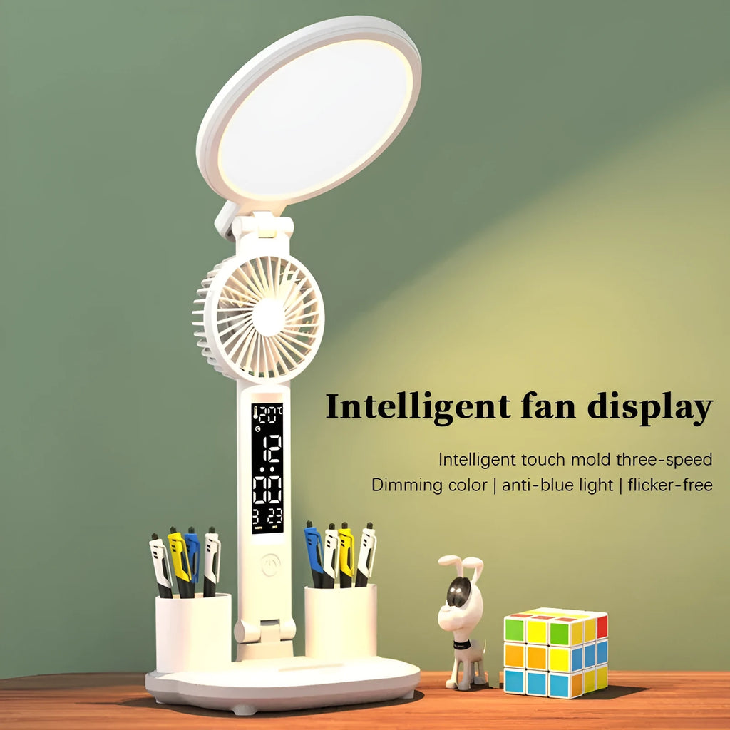 LED clock table lamp with USB charging, dimmable, foldable, with built-in fan and pen holder options, 7 watts, 40 LED beads