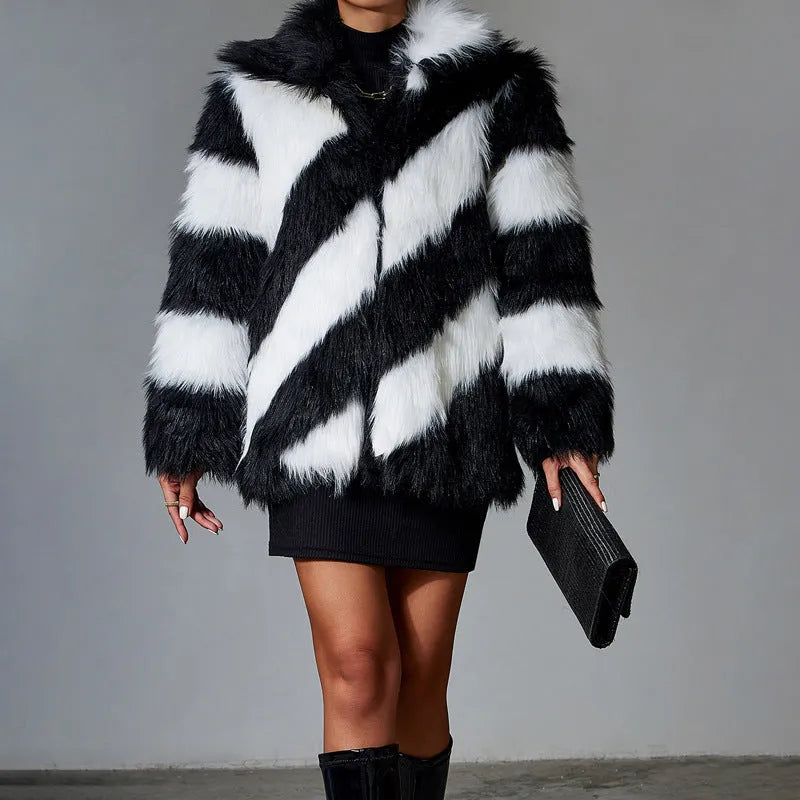 Picture colour faux fur coat with contrasting lapel and fur collar, regular sleeves.