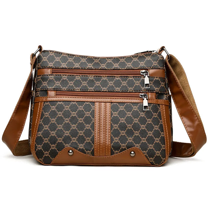 Brown women's crossbody bag with stitching pattern and large capacity design