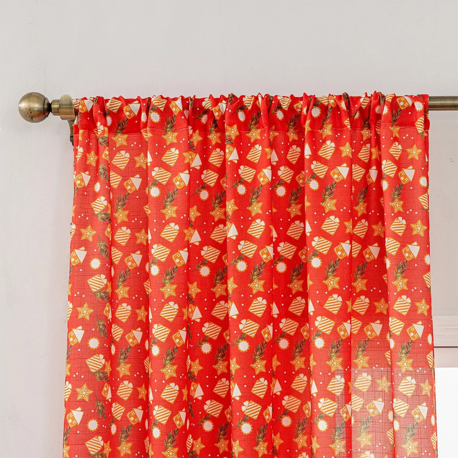 Christmas curtain with snowman and angel cartoon print in red or green, 1 metre length
