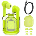 Green wireless Bluetooth headphones with LED power display, shown with silicone case and USB-C cable.