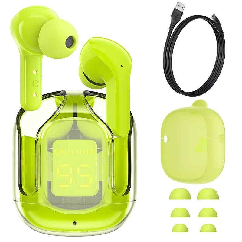 Green wireless Bluetooth headphones with LED power display, shown with silicone case and USB-C cable.