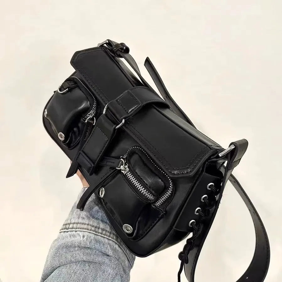 Black PU baguette messenger bag with adjustable shoulder strap showing dimensions