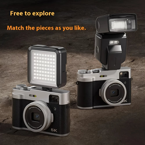 Black 5K digital camera with dual lenses and an optical viewfinder on a 2.88-inch screen.