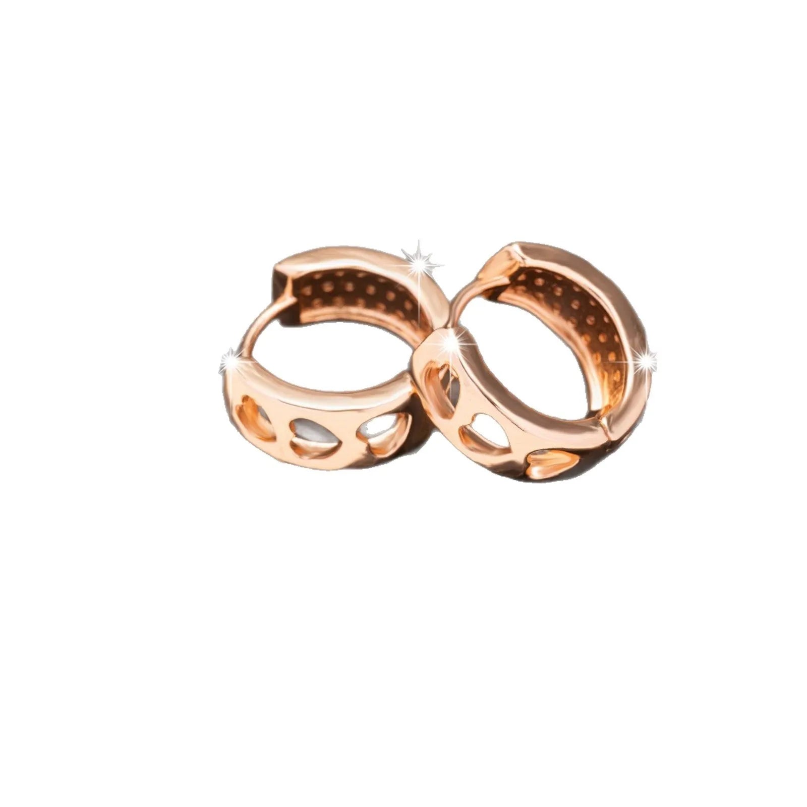 Rose gold hollowed out earrings with a three-heart design inside a circular shape.