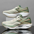 Marathon carbon plate running shoes in white with low-top fabric upper and visible sewing details